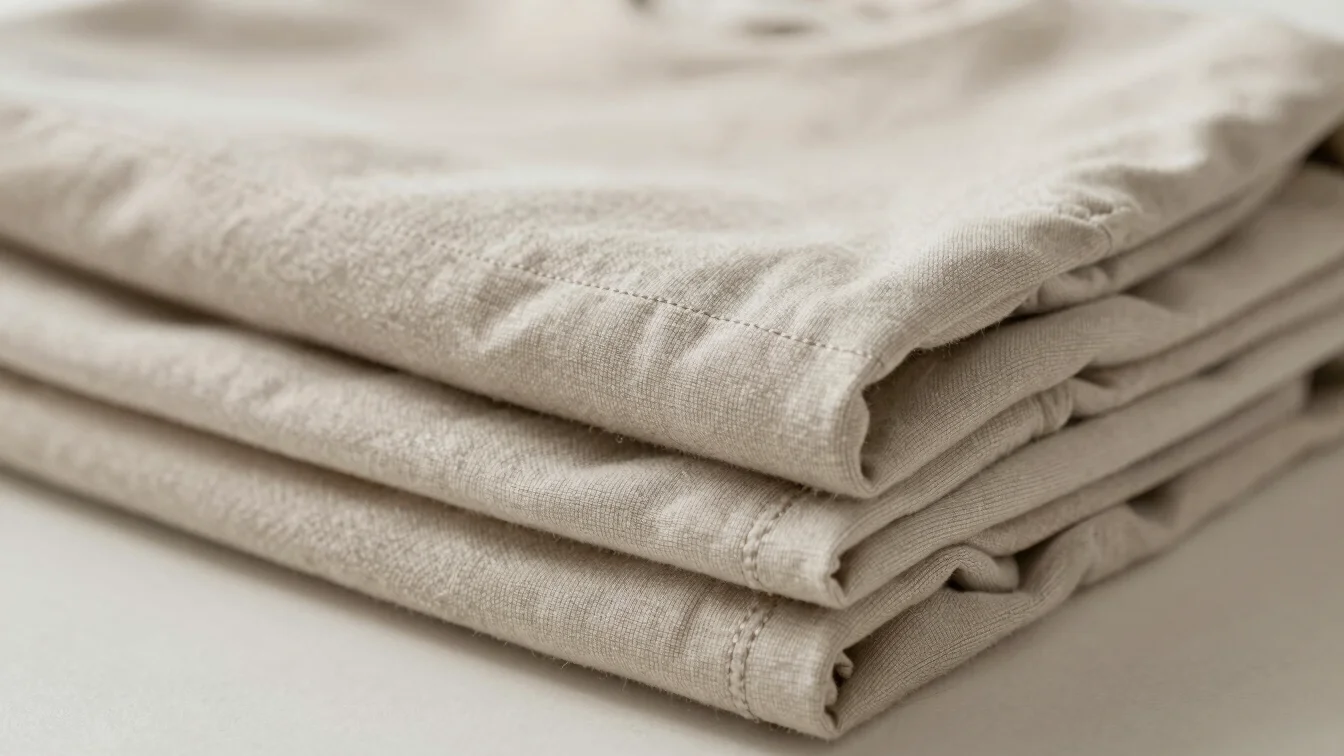 Folded everyday garments in neutral textile tones on a light surface, soft diffused daylight, faithful fabric color, edi