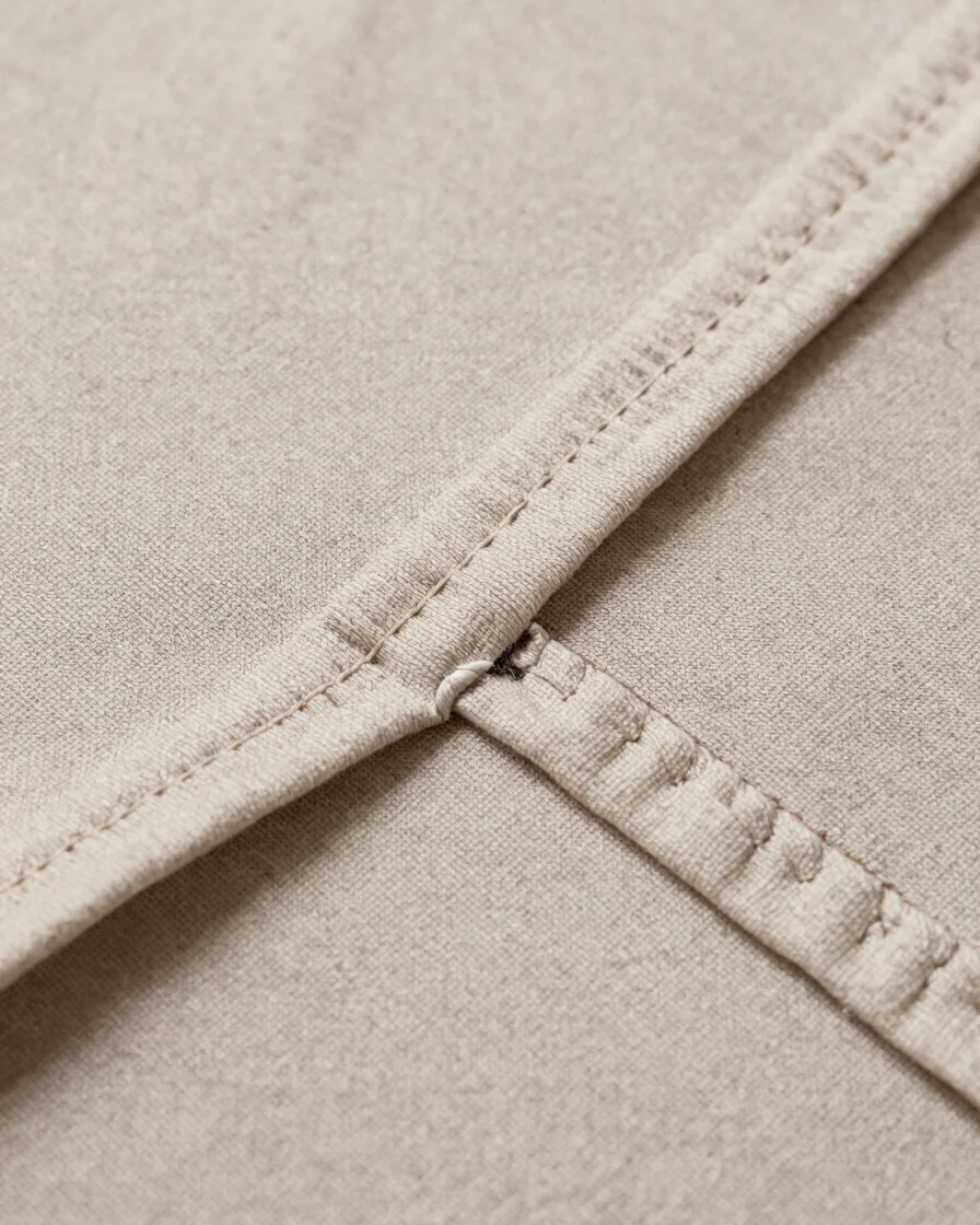 Macro close-up of stitched fabric selvedge and garment seam on a neutral cloth surface, soft diffused daylight, faithful